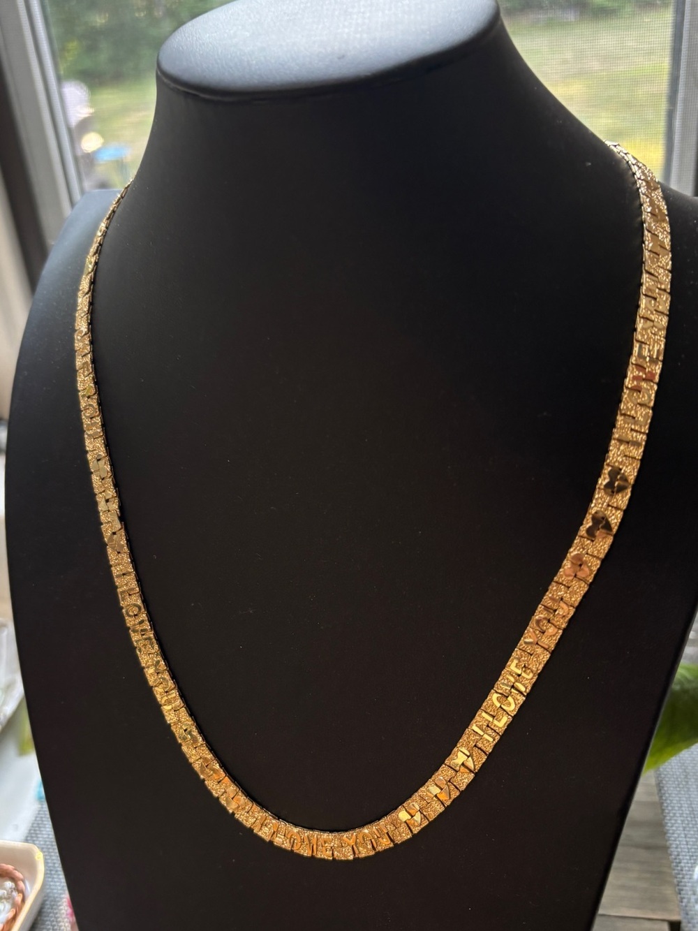 Vintage Gold Herringbone Chain with "I LOVE YOU & Hearts” 14KGF